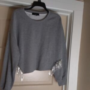 Gray Cropped Sweater with Fringe